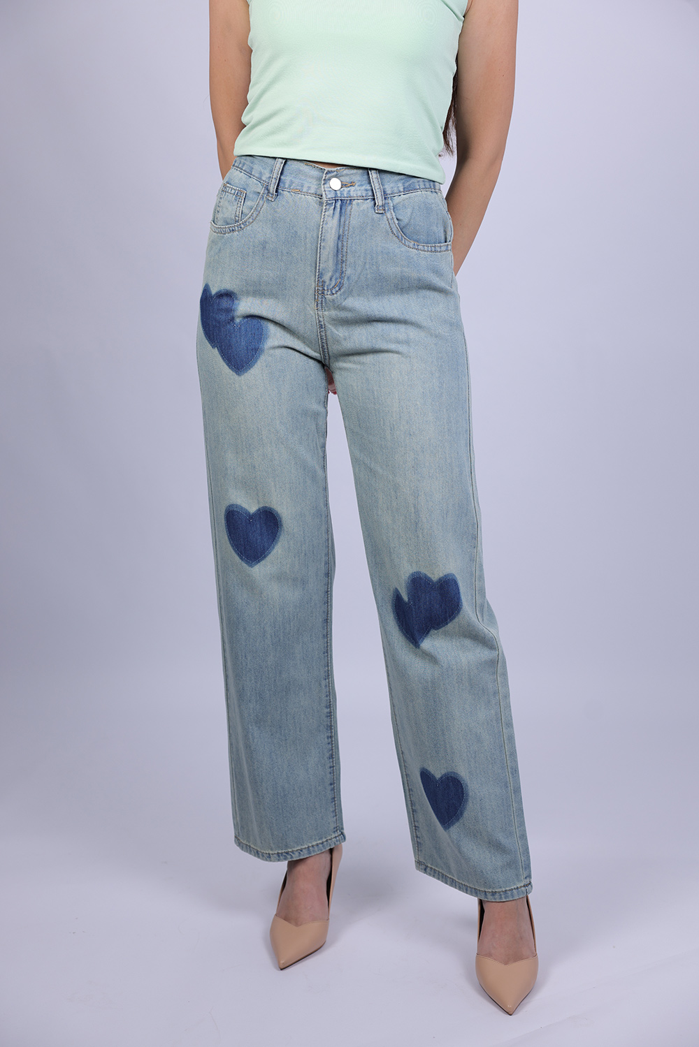 High-Waisted Heart Patch Wide-Leg Jeans