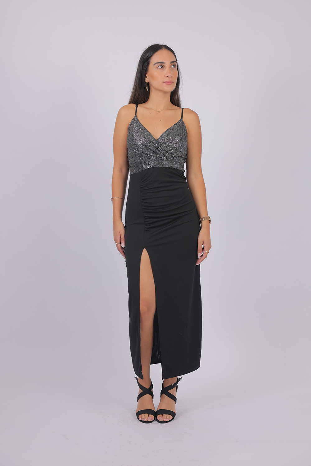 Glitter Bodice Split Evening Dress